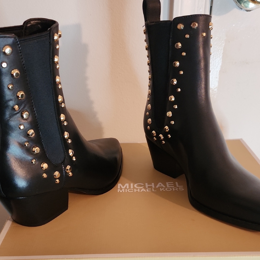 Michael Kors Black Ankle Boots with Gold Studs